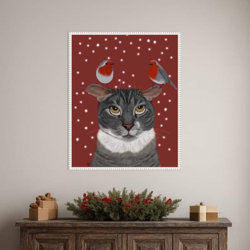Grey Cat and Robins by Fab Funky (23 x 28 in.), Framed Canvas Wall Art Print - Sylvie Beaded White