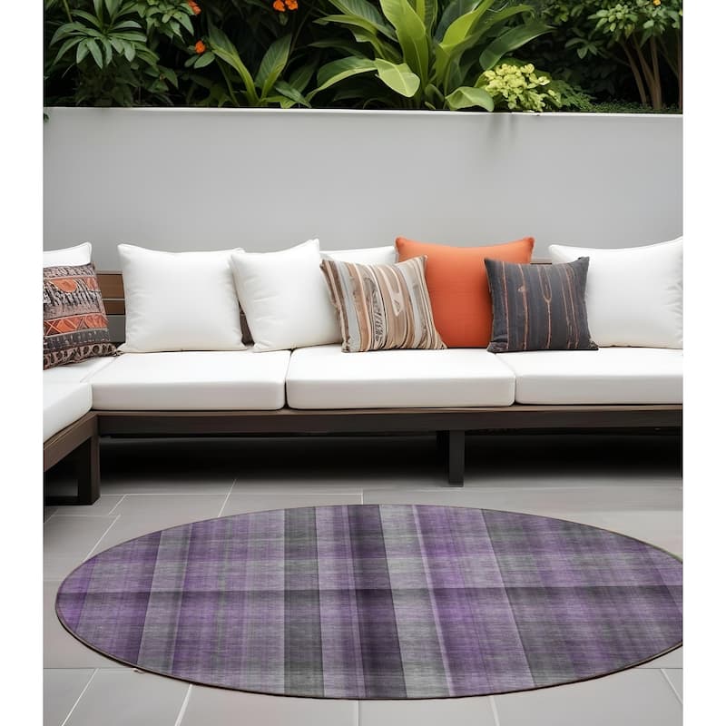 Hafi Plaid Weather Resistant Timeless Fusion Round Outdoor Rug - 8' Round - 8' Round - Purple