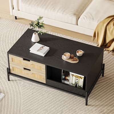 Rattan Coffee Table with Led Lights and Storage Drawers