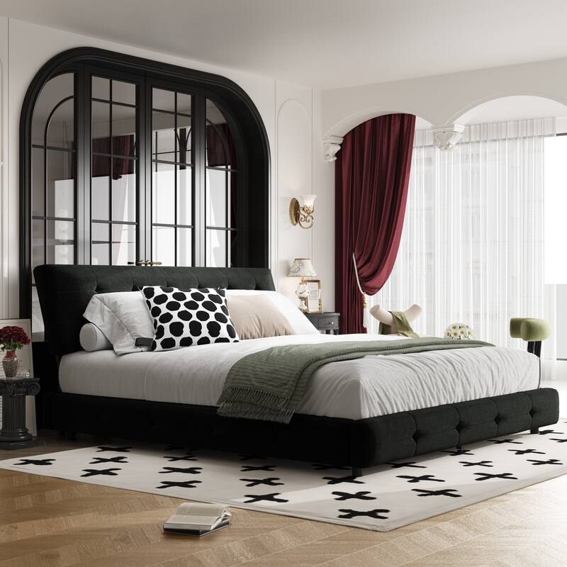 GDFStudio - King Size Chenille Platform Bed with Tufted Headboard Design