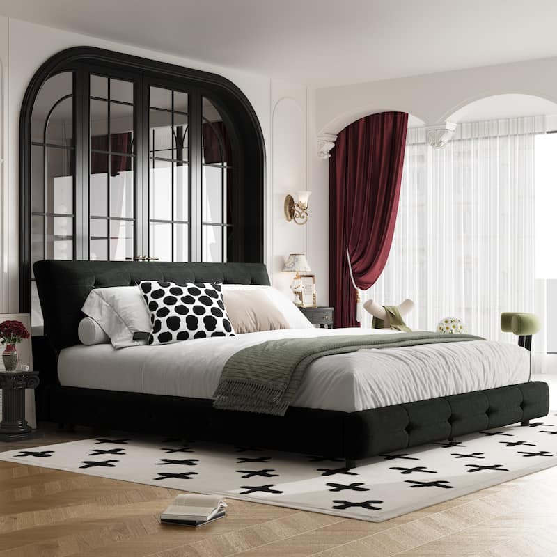 King Size Bed Frame,Tufted Headboard with Extra-Large Ultra-Soft Cloud Pillow Design,Chenille Platform Bed