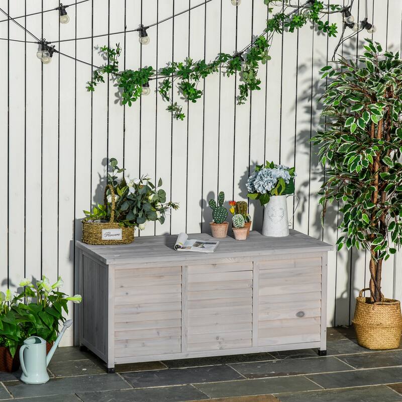 Outsunny 50" x 22" Wooden Outdoor Storage Deck Box with Large Open Space, Aerating Gap & Weather-Fighting Finish - Grey