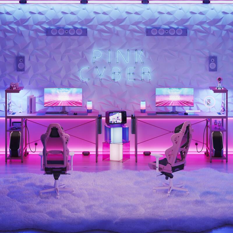 61" Gaming Desk Computer Desk with LED Lights Storage Shelves and Side Bag Home Office Desk