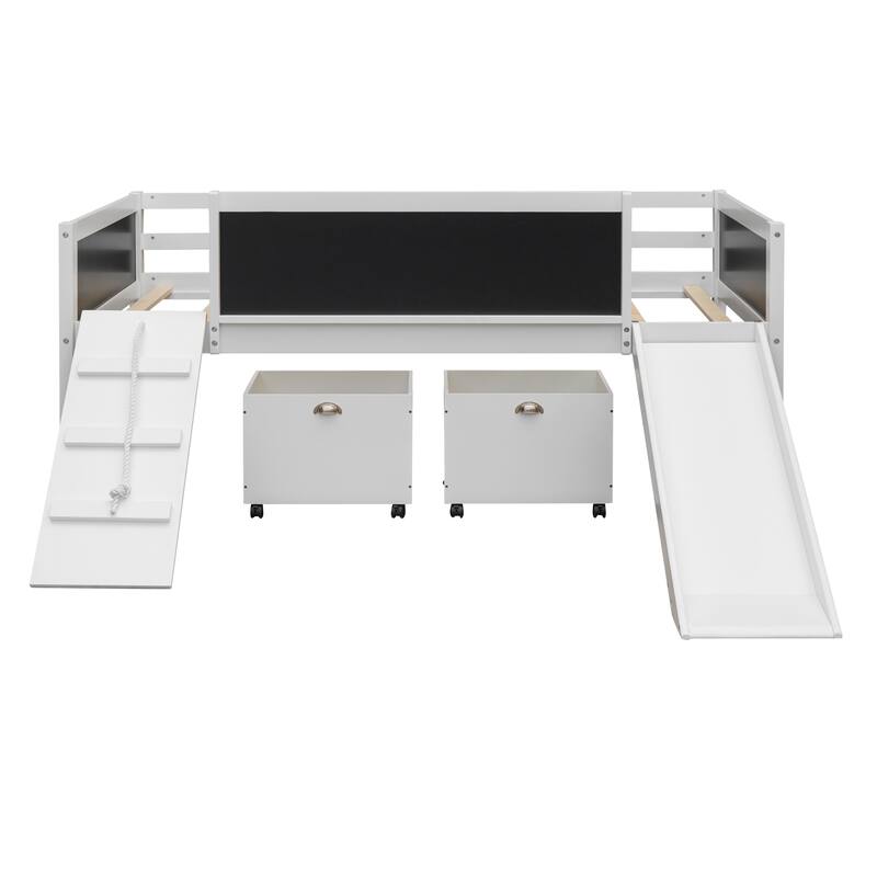 Twin Size Loft Bed with Slide, Chalkboard, and Storage Boxes, Wooden Loft Bed for Kids