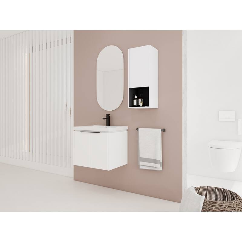 24" Wall-Mounted Bathroom Vanity with Ceramic Sink and Soft-Close Doors, Side Cabinet for Extra Storage