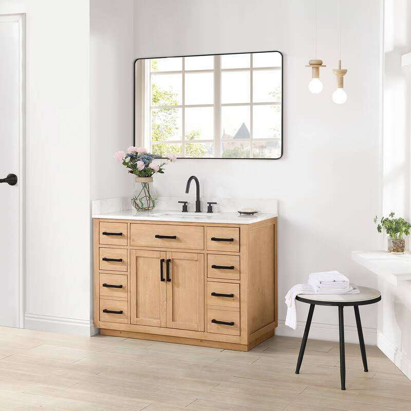 Altair Gavino Bath Vanity with Grain White Composite Stone Top and Mirror - 48 inch - Light Brown+Matte Black