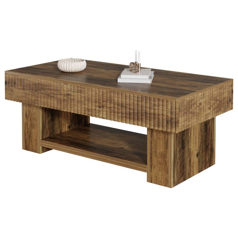 Large Wood Coffee Table with Storage, Farmhouse Rectangular Center Table with Open Shelf for Living Room