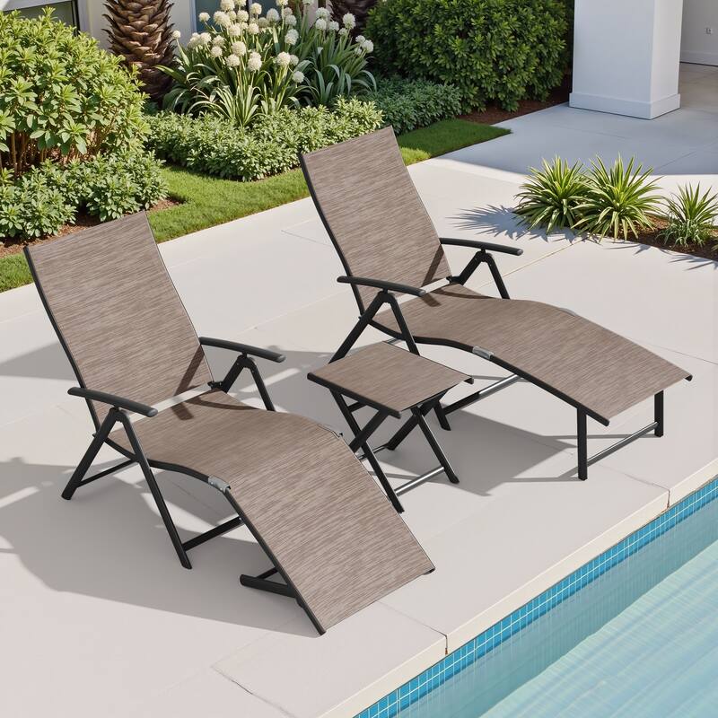3-Pieces Outdoor Chaise Lounge Set Aluminum Adjustable Foldable Chaise Lounge Chairs and Side Table - Espresso