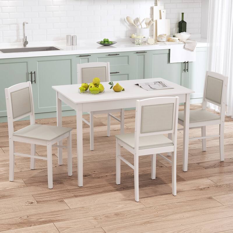 Gymax 5 PCS Dining Table Set for 4 w/Rubber Wood Legs Upholstered Seat