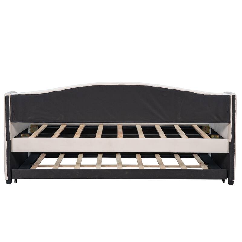 Beige Upholstered Velvet Twin Daybed with Trundle