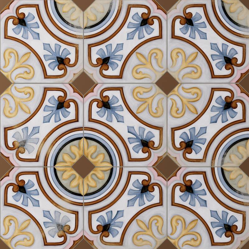 Merola Tile Vaudeville Octagon Deco Diglas with Taco Marron 7-7/8" x 7-7/8" Porcelain Floor and Wall Tile