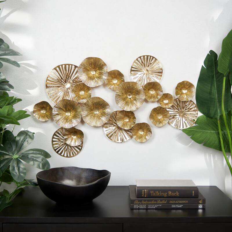 Gold Metal Textured Overlapping Disk Floral Home Wall Decor with Cutouts - Gold