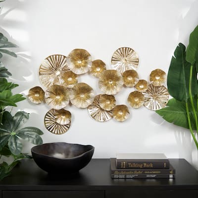 Gold Metal Textured Overlapping Disk Floral Home Wall Decor with Cutouts