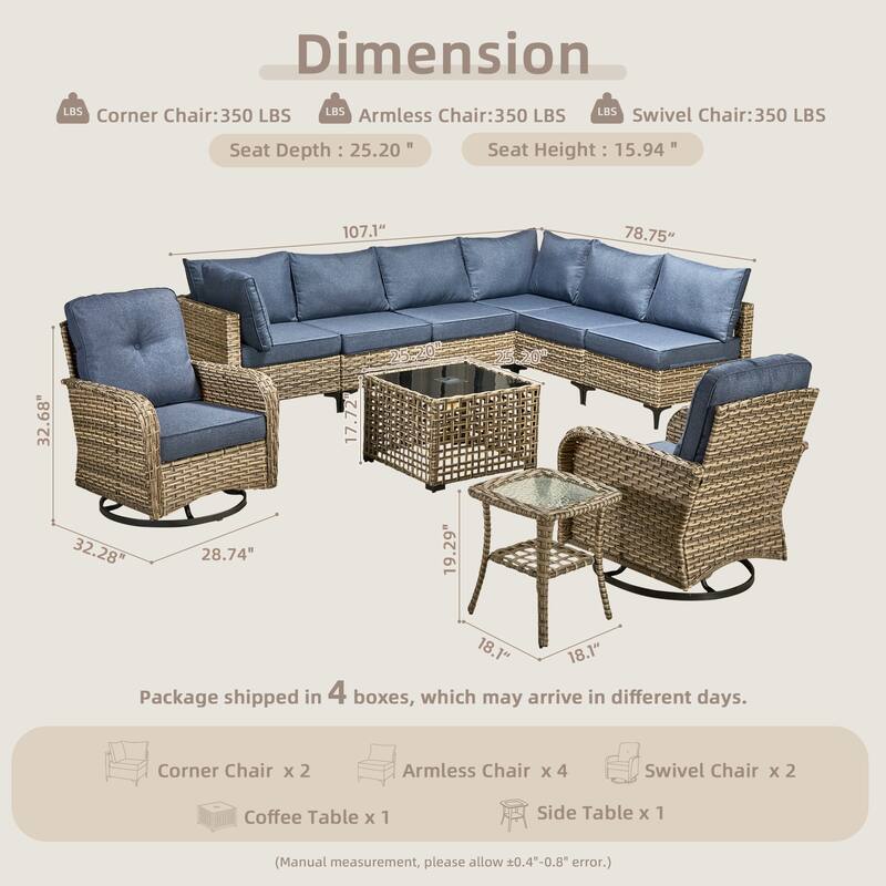 HOOOWOOO 10-piece Patio Wicker Furniture Sectional Set Swivel Rocking Chair Set
