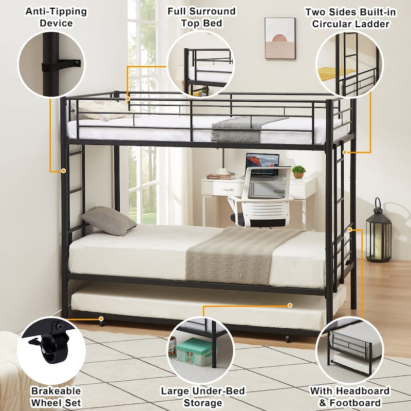 Twin Over Twin Bunk Bed with Trundle, Detachable Twin Bunk Beds w/ 2 Side Ladders & Full-Length Guardrails