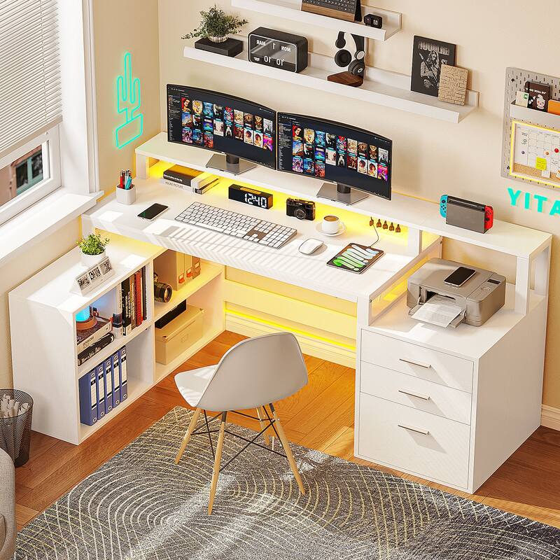 Moasis L Shaped Office Home LED Computer Gaming Desk with Drawers and Storage Shelves