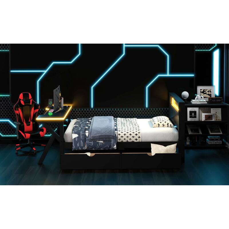 Roomfitters Twin/Full Wooden Gaming Platform Bed with LED Headboard, Desk and Drawers, Black