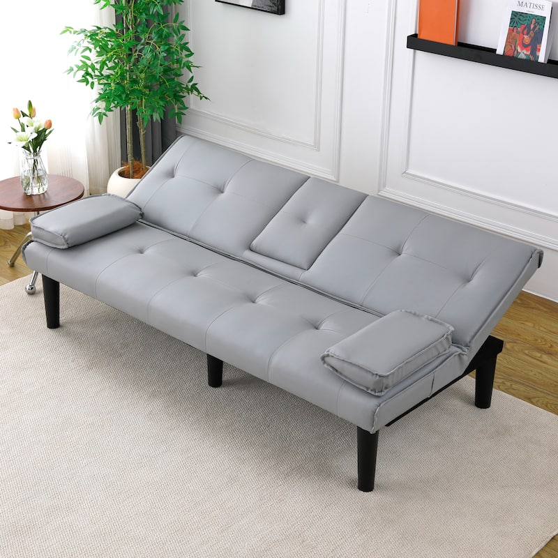 Convertible Loveseat Couch Adjustable Faux Leather Sleeper Sofa Bed with Coffee Table, Cup Holders and Removable Pillow Armrests