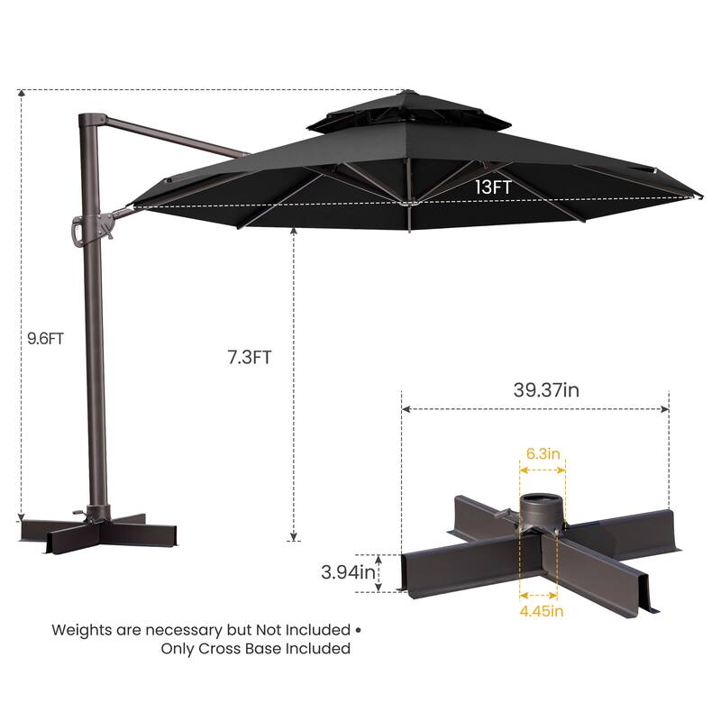 10 FT x 13 FT Outdoor Luxury Solar LED Patio Cantilever Umbrella With Base