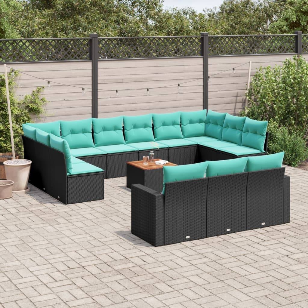vidaXL 14 Piece Patio Sofa Set with Cushions Black Poly Rattan - 24.4 x 24.4 x 27.2