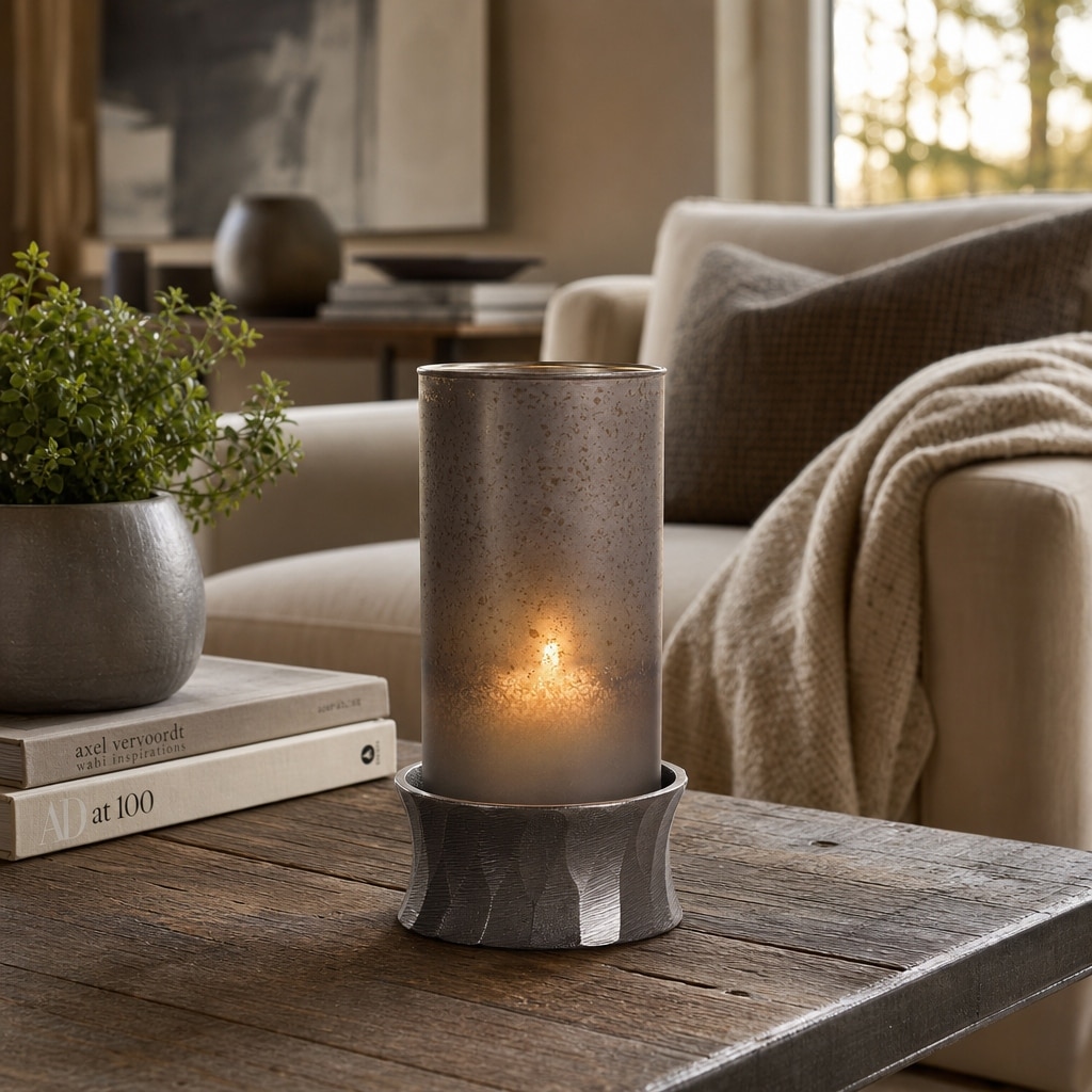Modern Smoked Glass Hurricane Candle Holder with Metal Base - 10.5"