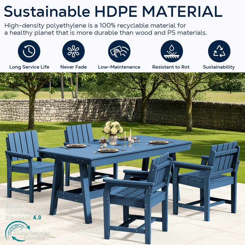 HDPE Patio Dining Set with Rectangular 67.91in W Table with Umbrella Hole and 4 Chairs - N/A
