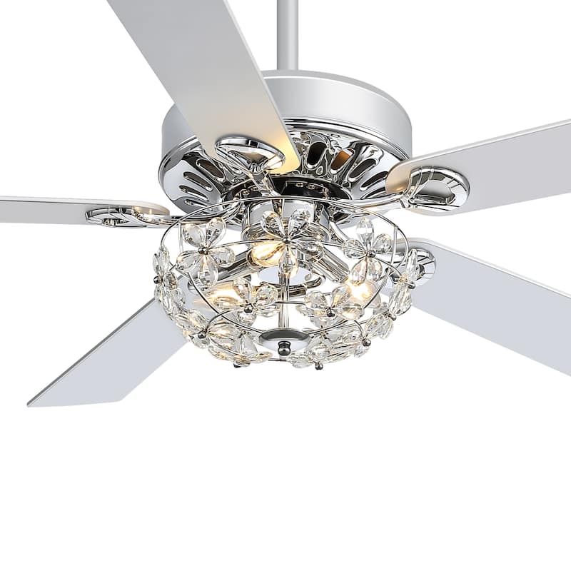 52" Chrome Crystal Ceiling Fan with Lights, Remote Control, Reversible DC Motor, 6-Speed Indoor Ceiling Fan with 5 Silver Blades