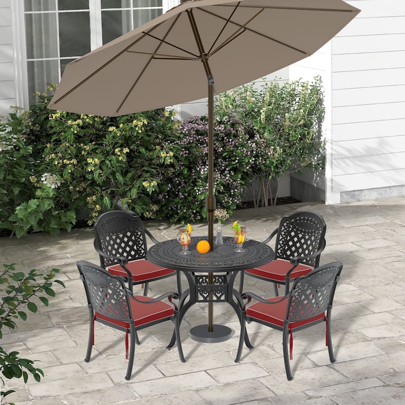 3/5-Piece Cast Aluminum Outdoor Dining Set with 39.37 in. Round Table and Random Color Seat Cushions - Black( 5-Piece Sets-B)