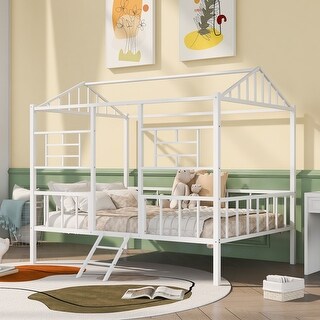Full Size Metal House Bed Frame with Slatted Support (No Box Spring Needed)