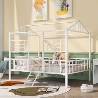 White Full Size Metal House Bed Frame with Slatted Support No Box Spring Needed for Kids, Bedroom
