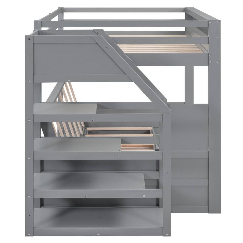 Wood Full Size Convertible Bunk Bed with Storage Staircase, Bedside Table, and 3 Drawers