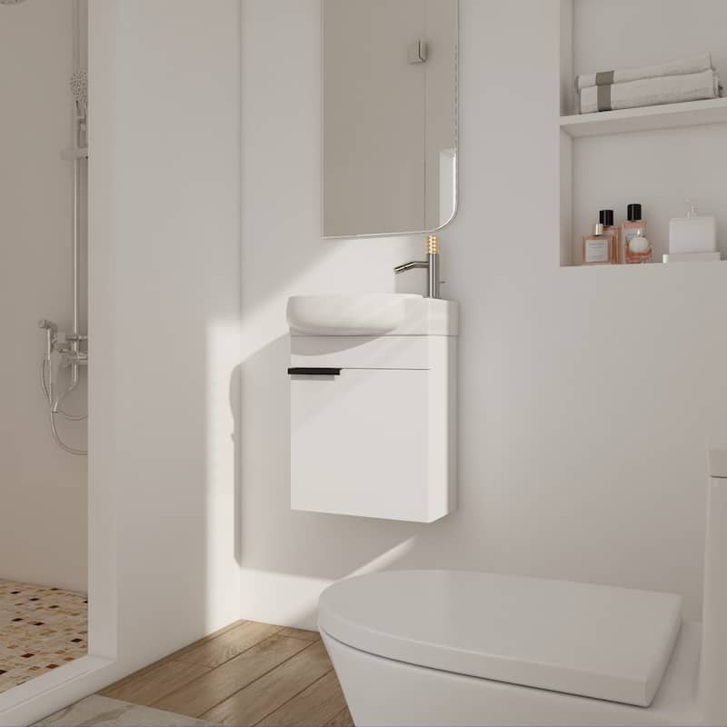 Soft Close Doors Bathroom Vanity With Sink,16 Inch For Small Bathroom - Gloss White