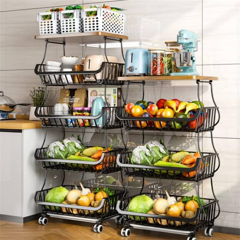 5 Tier Fruit Vegetable Basket for Kitchen with Wooden Tabletop