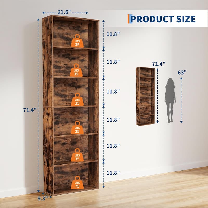 Rustic Industrial Bookcase - 6 Shelf Wood Organizer for Home, Office, Library