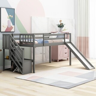 Modern Pine Wood Twin Size Low Loft Bed with Full Length Safety ...