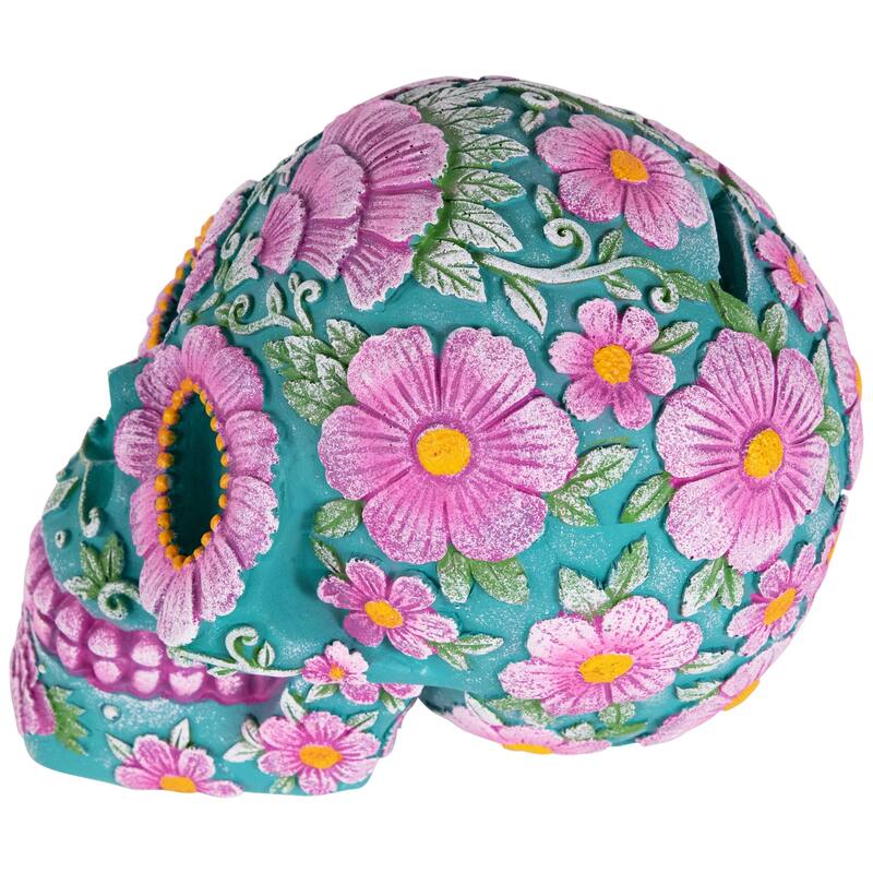 Day of the Dead Skull Coin Bank - 7.75" - Teal Blue and Pink