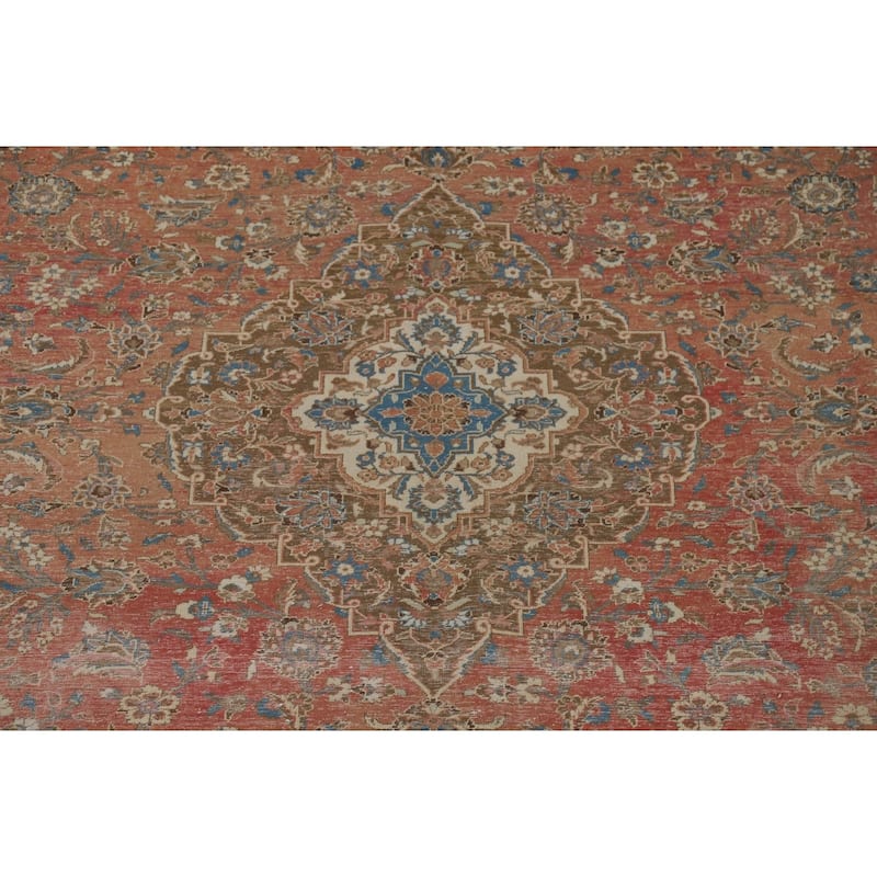 Distressed Mashad Vintage Persian Area Rug Hand-Made Wool Carpet - 9'7" x 13'2"