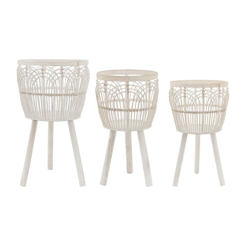 Sagebrook Home Neutral Boho Wicker Planter Stand Set, Versatile Indoor Garden Decor