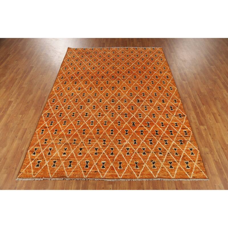 Trellis Moroccan Oriental Area Rug Handmade Orange Wool Carpet - 6'10" x 9'9"