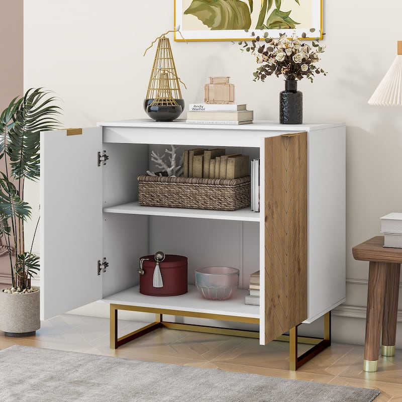 Cabinet with Herringbone Wood Pattern Door, Kitchen Buffet Cabinet, Coffee Bar Cabinet with Sheles & Metal Base