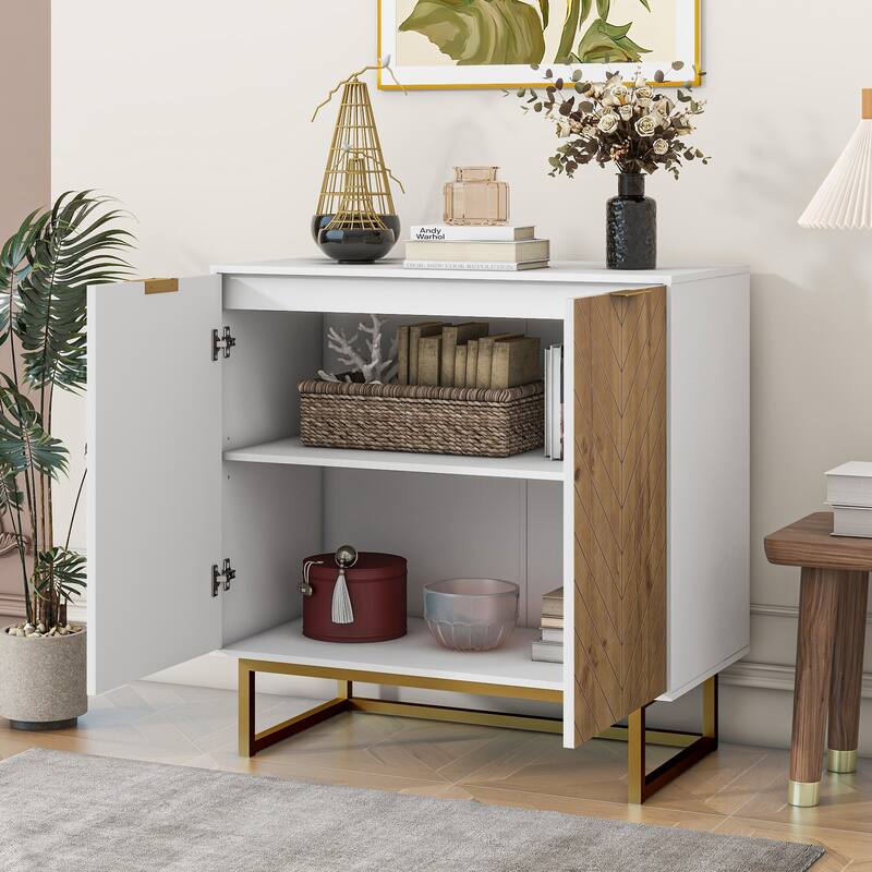 White and Gold Storage Cabinet with 2 Doors, Buffet Sideboard Cabinet, Kitchen Buffet Cabinet with Storage Sideboard Buffet