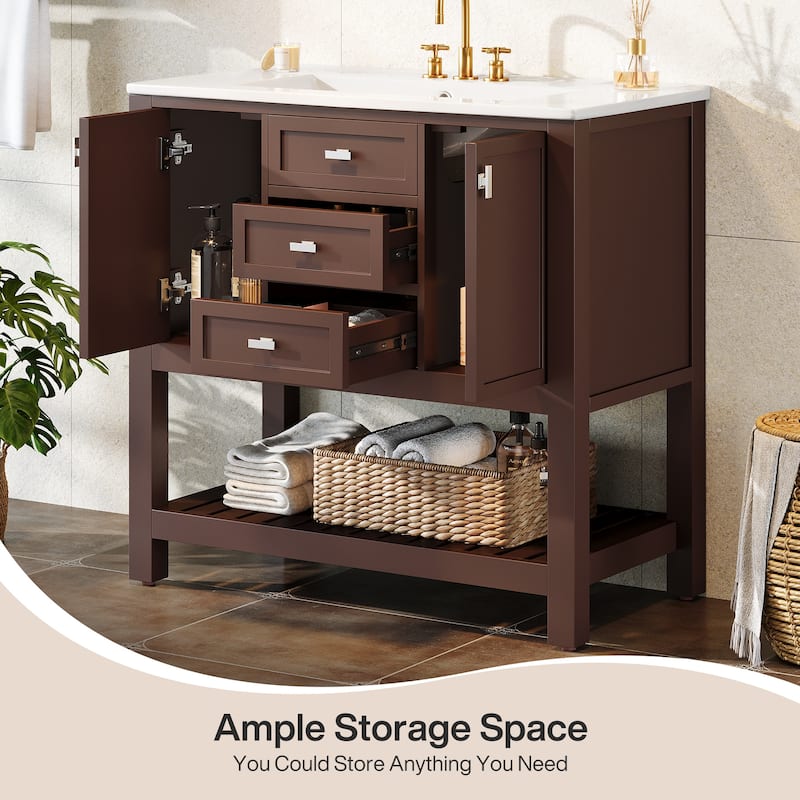 35.4 Inches Single Bathroom Vanity with Ceramic Sink Top, 3 Drawers & 2 Cabinets