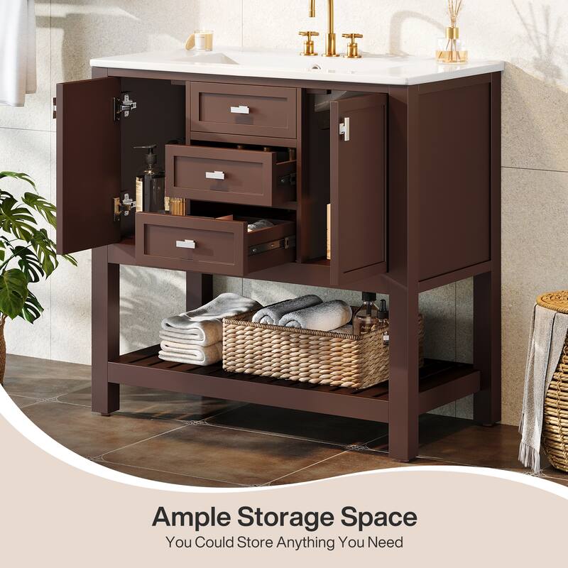 36 Inches Bathroom Vanity with Sink, Storage Vanity Cabinet with 2 Doors & 3 Drawers