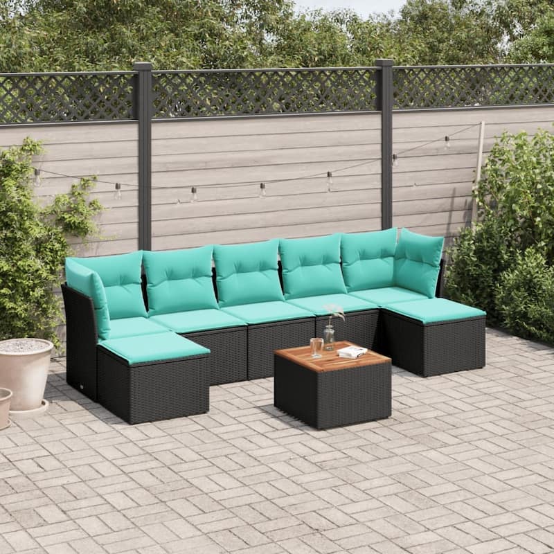 vidaXL Patio Sofa Set with Cushions Outdoor Furniture 8 Piece Poly Rattan - 24.4" x 24.4" x 27.2" - Black and blue