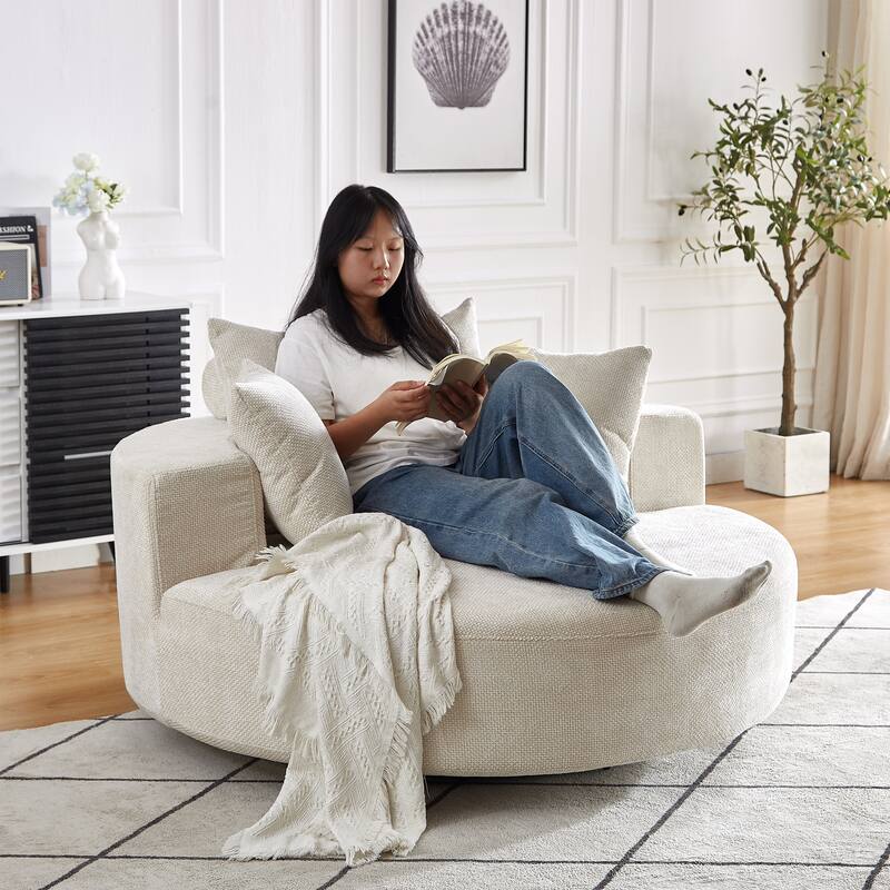 360 Degree Swivel Sofa Chair with Backrest Pillow for Livingroom 55'' Chenille Single Sofa, Round Fluffy Sleeper Sofa