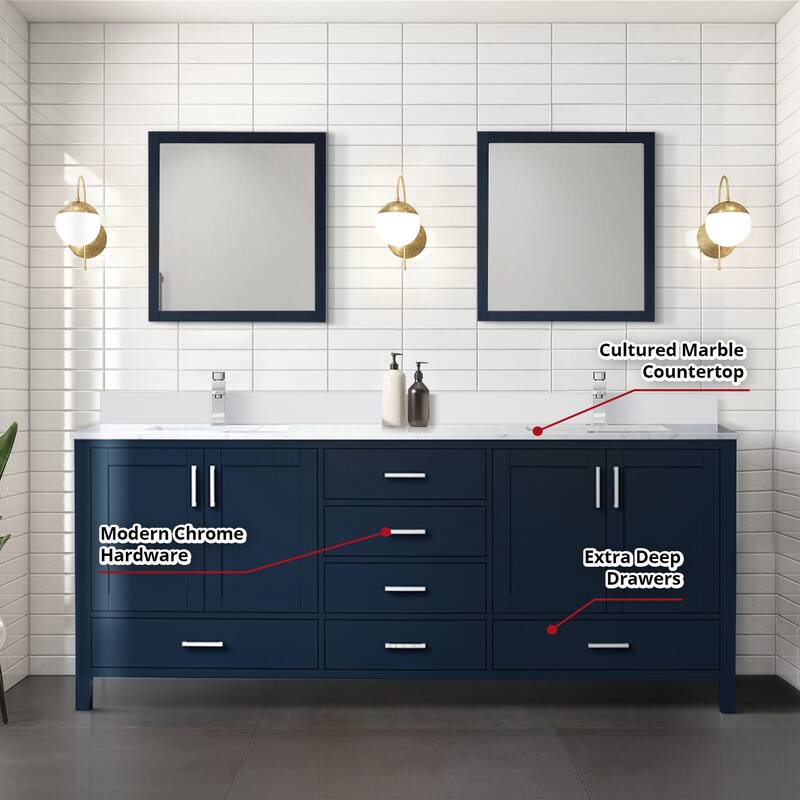 Jacques 80 in. W x 22 in. D White Bath Vanity, Cultured Marble Top, Faucet Set, and 30 in. Mirror