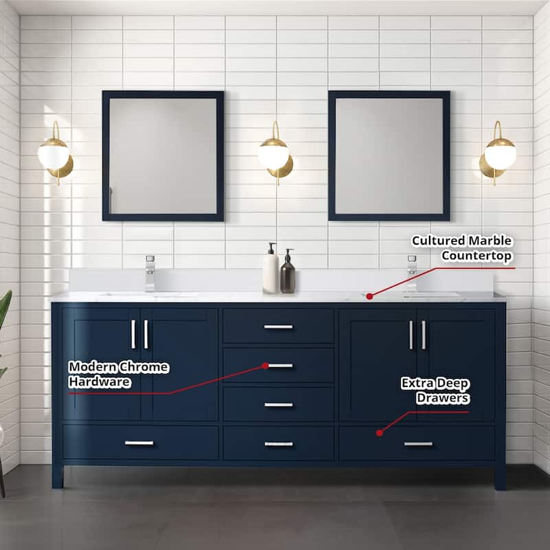 Jacques 80 in. W x 22 in. D White Bath Vanity, Cultured Marble Top, and 30 in. Mirror