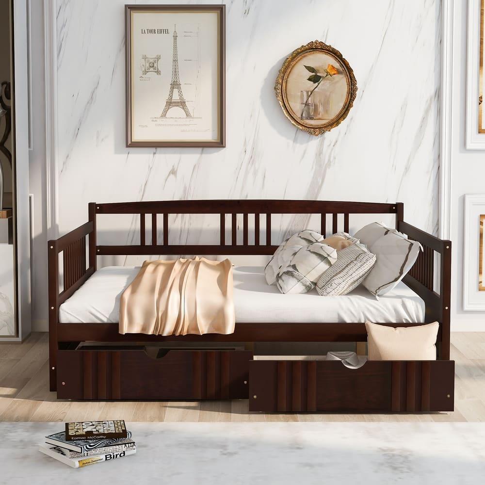 Wood Bed Full Size Daybed with 2 Drawers, Storage Platform Bed Sofa Bed with Side Rails for Bedroom, Living Room