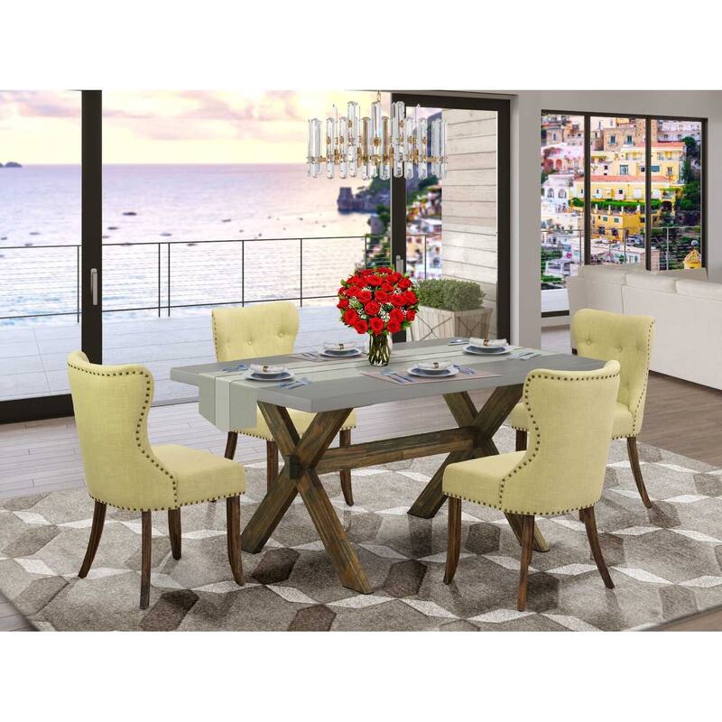 HomeStock 5-Piece Rectangle Natural Oak Finish Solid Wood Top Dining Table with 4 Parson Chair with Lattice Back