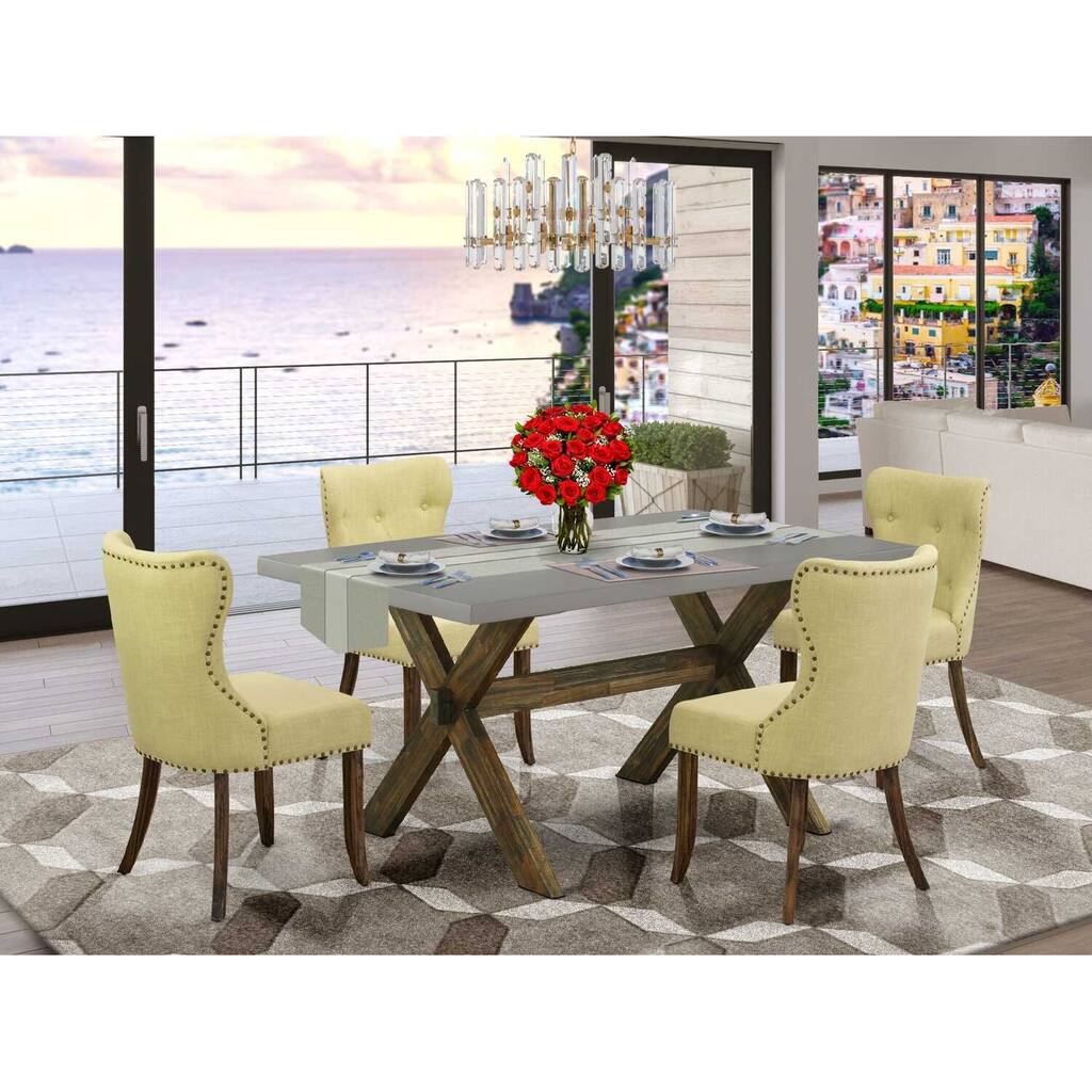 HomeStock 5-Piece Rectangle Natural Oak Finish Solid Wood Top Dining Table with 4 Parson Chair with Lattice Back